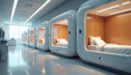 Obraz premium Futuristic hospital corridor with modular treatment pods. Private patient rooms offer comfort and advanced medical care. Clean, sterile environment with beds and technology.