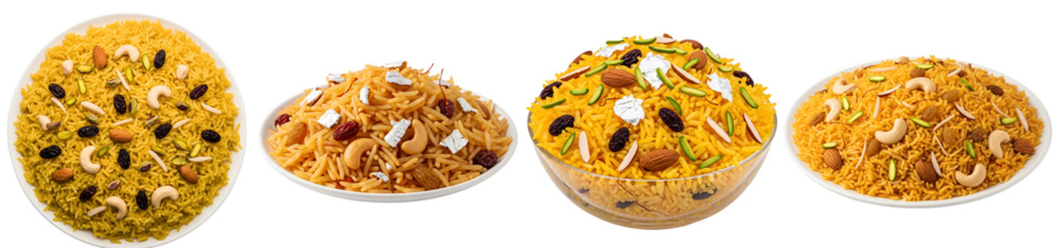 Four bowls of zarda rice dessert garnished with dry fruits and nuts on a plain surface view on transparent background
