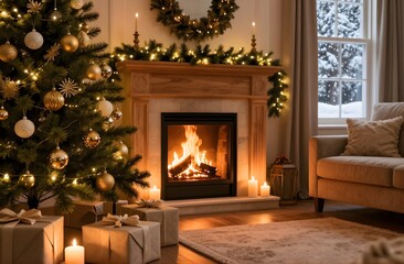 Cozy Christmas Living Room with Fireplace and Golden Tree