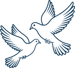 Fototapeta premium Two flying doves with dark blue outlines bird wings