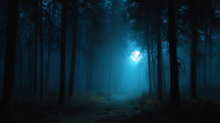 Fototapeta premium Dark misty forest at night with tall trees fading into dense fog, creating a mysterious and atmospheric woodland scene.
