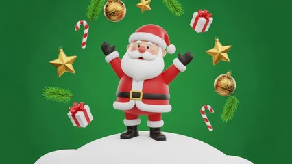 Cheerful 3d cartoon Santa Claus stands on snow surrounded by falling festive Christmas ornaments against a vibrant green background