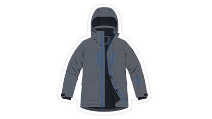 Winter Jacket Grey Blue Hooded Technical Apparel Isolated on White Background