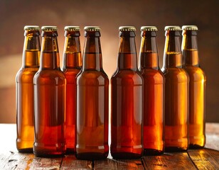 Several brown glass bottles with golden caps, arranged on wood