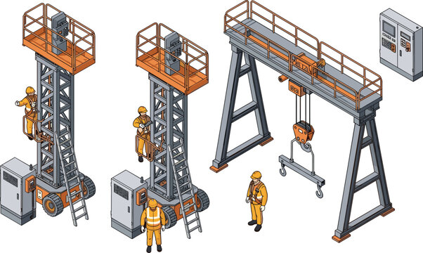Isometric illustration of industrial overhead and gantry cranes with workers, safety equipment, and heavy lifting machinery operations concept