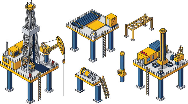Isometric illustration of offshore oil rig platforms with drilling equipment, industrial machinery, and energy infrastructure for petroleum industry concept