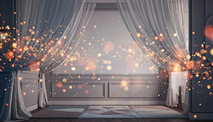 A dimly lit room with a large window covered by open curtains and a colorful rug on the floor, surrounded by sparkling orange and yellow lights.