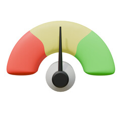 A 3D speedometer with a black needle points centrally; red, yellow, and green zones arc above a gray base, under soft, even lighting.
