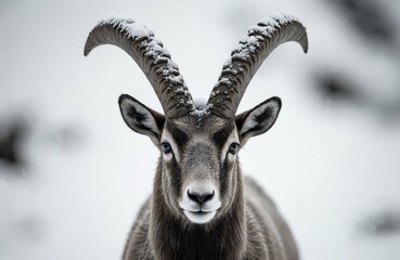 ibex with snowy horns looks forward. Male goat stands in winter snow covered mountain landscape. Wild animal in natural habitat shows its strength.