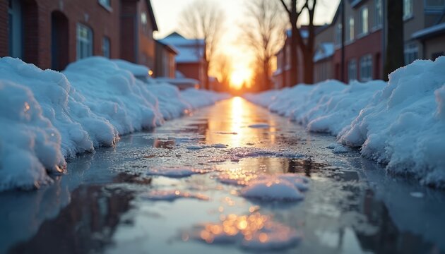 Snowy street with melting ice reflects golden sunset light. Piles of snow line the wet pathway in winter evening. Bare trees stand on urban residential lane.