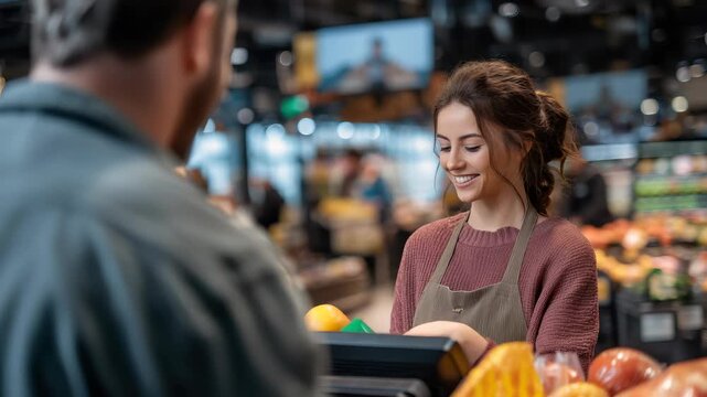 A customer is at the checkout in a grocery store. A teenage cashier is smiling and scanning items. The atmosphere is lively with many groceries around