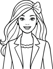 This delightful coloring page features a stylish fashion doll with long, flowing hair and a cheerful smile. Dressed in a trendy outfit, complete with a bow, this illustration invites creativity and im