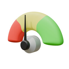 3D speedometer with red, yellow, green arc; black needle points left, gray base, soft lighting, isolated on white, simple, optimistic mood.
