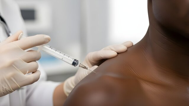 African black male patient&rsquo;s shoulder and neck receiving a botox injection from a gloved practitioner, clinical setting