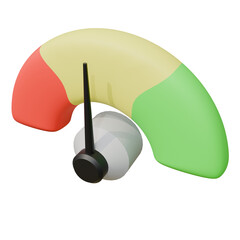 A 3D speedometer with a black needle pointing to yellow, flanked by red and green, under soft, diffused light, creating a neutral mood.
