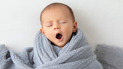 A cozy baby wrapped in a soft blanket yawning, embodying the essence of tranquility and innocence in a peaceful setting.