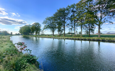 A stunningly peaceful river scene featuring lush green trees and calm, serene water beautifully reflecting the sky