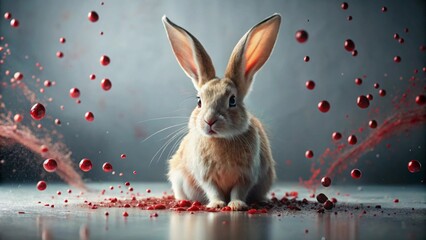 A fluffy bunny sits amidst a vibrant explosion of red spheres, creating a captivating and surreal scene