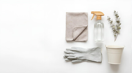 年末大掃除キャンペーンに使える白背景のミニマル清掃ツール俯瞰フラットレイ、テキスト用コピースペース広め、清潔感のある冬の生活イメージ -生成AI