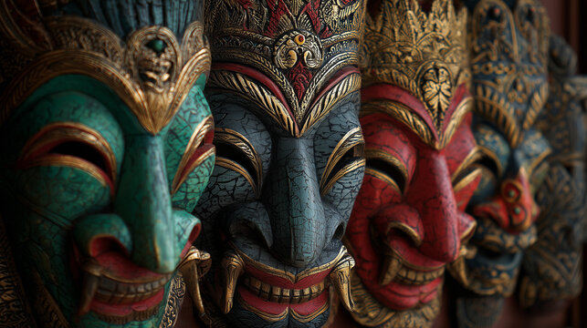 Vibrant traditional Balinese carved demon masks with intricate details, bold colors, and expressive faces, showcasing rich Indonesian culture and craftsmanship.