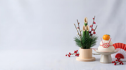 現代ミニマルなお正月和風静物セット（門松と鏡餅と紅白小物）、年賀状や新年キャンペーンに使える余白たっぷりのスタジオ撮影風 -生成AI