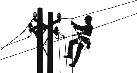 Silhouette illustration of utility line worker performing maintenance on power lines using safety harness, protective gear, climbing equipment, and electrical infrastructure tools, vector design