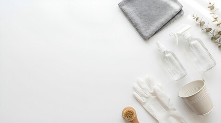 年末大掃除キャンペーンに使える白背景のミニマル清掃ツール俯瞰フラットレイ、テキスト用コピースペース広め、清潔感のある冬の生活イメージ -生成AI