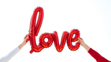 Two people hold up a large red balloon spelling the word 'love' against a bright sky background