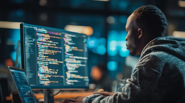 A professional programmer intensely analyzes code on dual screens in a contemporary workspace, showcasing advanced software development. The scene captures the essence of modern tech careers
