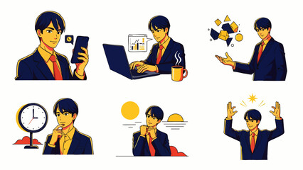 Businessman in various actions: working on laptop, using smartphone, thinking, and celebrating success