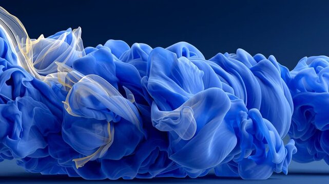 Vivid ink cloud dissolving, spreading underwater, generating dynamic abstract patterns with bright yellow, blue colors against deep blue backdrop, shot in macro perspective