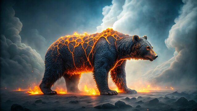 Fiery Ursine Colossus A Majestic Bear Embraces Volcanic Power Amidst a Dramatic, Smoky Landscape