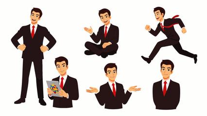 Businessman in Suit Poses: Standing, Sitting, Running, Reading, Shrugging, and Posing Confidently