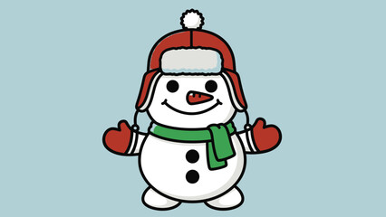 Smiling Snowman Wearing Red Winter Hat and Green Scarf Isolated on Light Blue Background Cartoon Vector