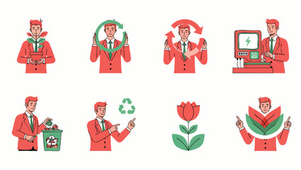 Businessman promoting sustainable practices, environmental responsibility, and eco-friendly solutions. Concepts include recycling, green energy, and nature care.