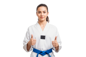 Beautiful taekwondo athlete in uniform with black belt showing thumbs up, isolated on transparent background