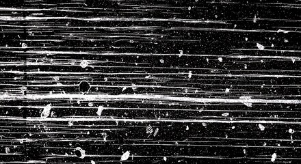 Abstract black and white grunge texture with horizontal scratches and dust particles, perfect for overlay effects and distressed backgrounds.