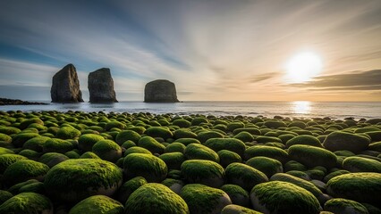 A breathtaking view of green moss-covered rocks on a beach with towering sea stacks at sunrise