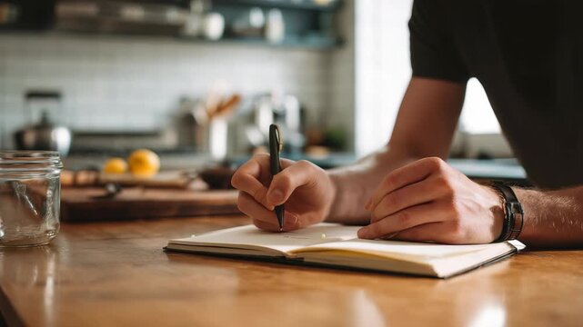 Focused hands jot down notes in a journal, capturing ideas in a warm, inviting kitchen setting. The scene evokes creativity, mindfulness, and inspiration in everyday life