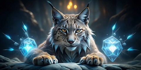 Obraz premium Majestic Lynx Guardian of Crystalline Power in a Mystical Forest