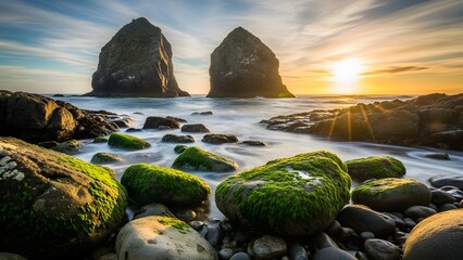A beautiful sunset casts a warm glow over large sea stacks and moss-covered coastal rocks