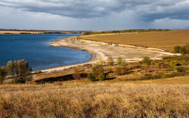 A beautiful landscape of the Volga River bank near the village of Klimovka in the Samara region on an autumn day