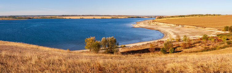 A beautiful landscape of the Volga River bank near the village of Klimovka in the Samara region on an autumn day