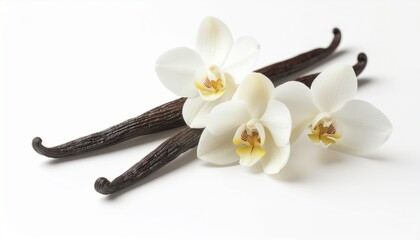 Vanilla Flowers and Pods on White Background
