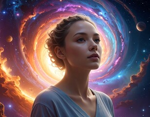Portrait of a woman gazing upward against a cosmic swirl