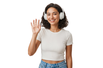 Happy woman in headphones waving and listening music, isolated on transparent background