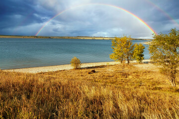 A beautiful landscape of the Volga River bank near the village of Klimovka in the Samara region on an autumn day