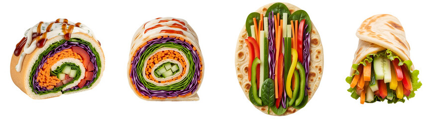 Assorted vegetable wraps and rolls with various fillings arranged on a neutral surface display food on transparent background