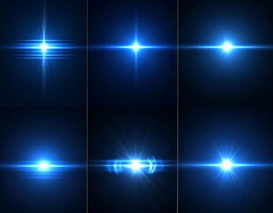 Collection of bright blue light flares against dark background