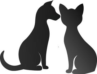 Minimalist Dog and Cat Silhouette Illustration in Flat Modern Style, Black Animal Shapes on White Background, Clean Graphic Design Showing Pet Companionship with Soft Shadow Detail
